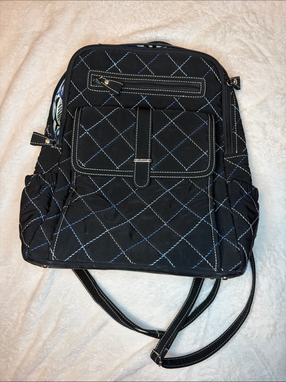 Vera Bradley Black Quilted Backpack with Blue Stitching